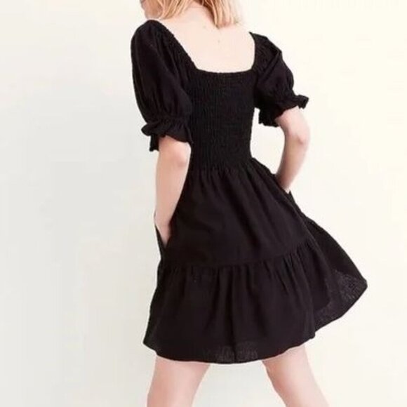 Madewell Black Linen-Blend Lucie Short Puff Sleeve Smocked Mini Dress Size L - Picture 3 of 15
